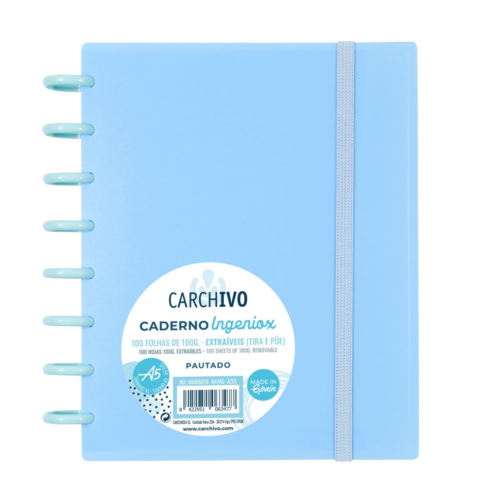 Caderno Ingeniox A5 Pautado 100 Folhas com Elástico Azul Pastel ANIMATEK