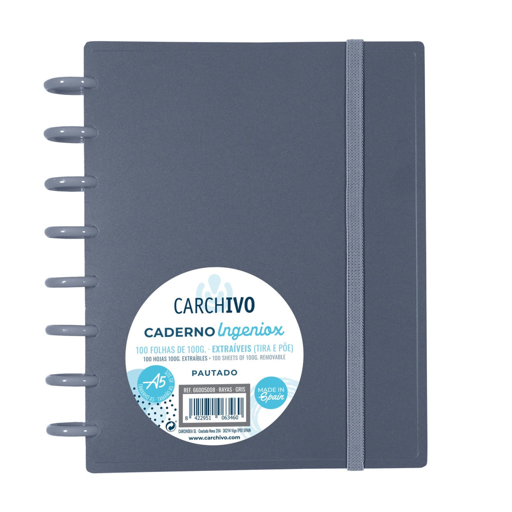 Caderno Ingeniox A5 Pautado 100 Folhas com Elástico Cinza Intense ANIMATEK