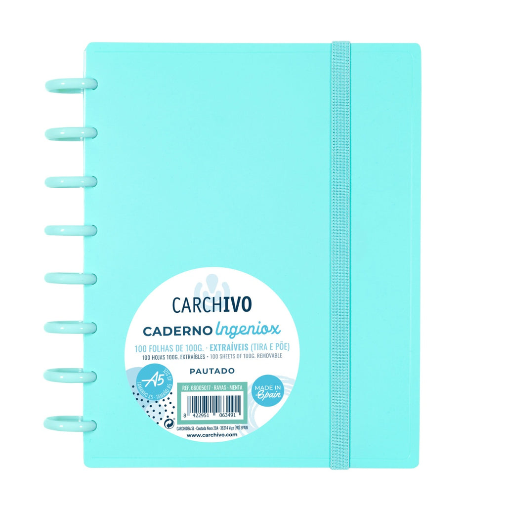 Caderno Ingeniox A5 Pautado 100 Folhas com Elástico Menta Pastel ANIMATEK