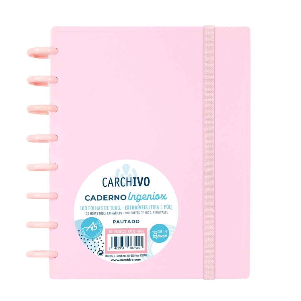 Caderno Ingeniox A5 Pautado 100 Folhas com Elástico Rosa Pastel ANIMATEK