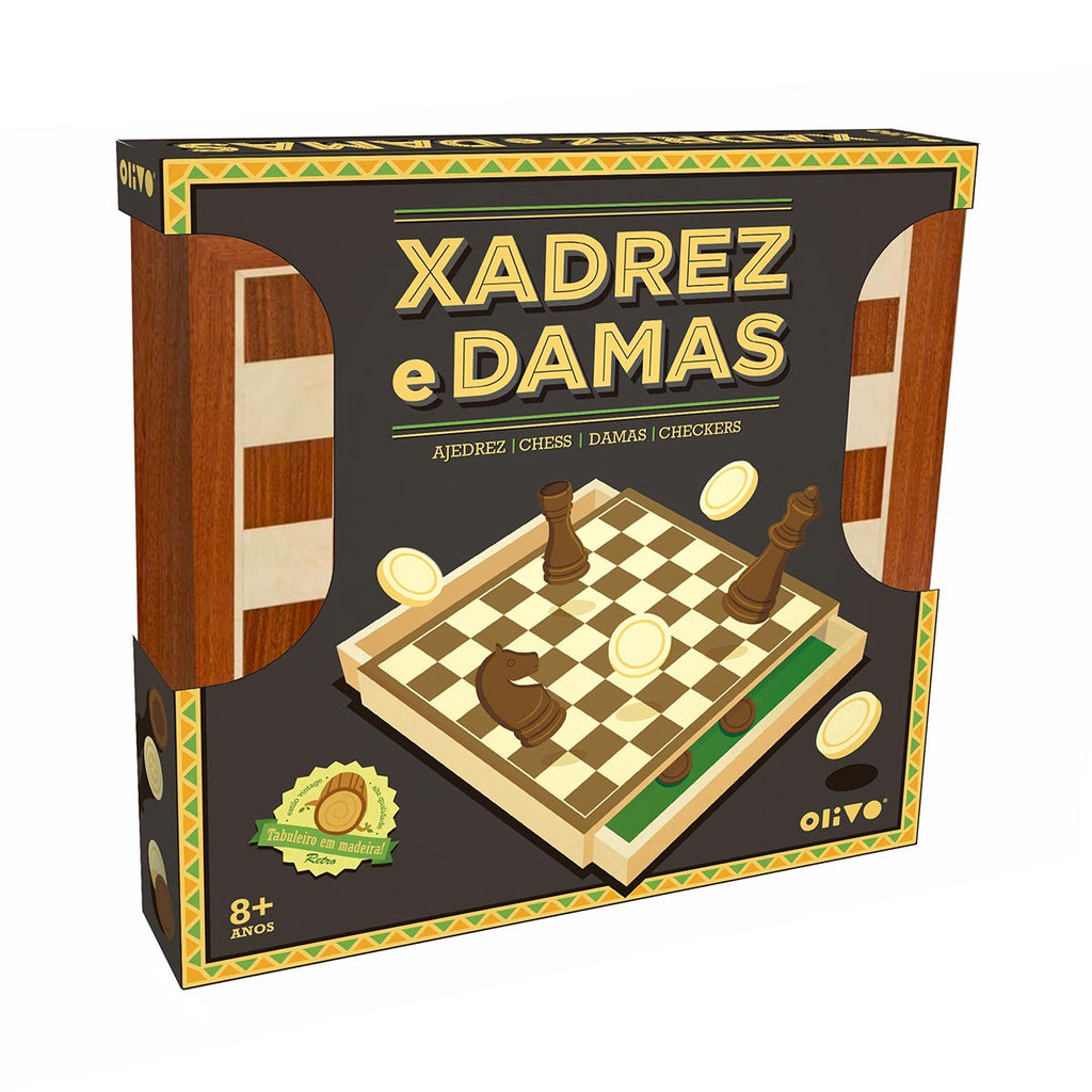 Jogo de Xadrez e Damas em Madeira - Tabuleiro 2 em 1 ANIMATEK