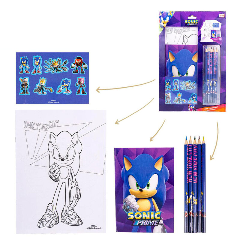 Conjunto de Papelaria para Colorir Sonic Prime – Cadernos, Lápis e Autocolantes